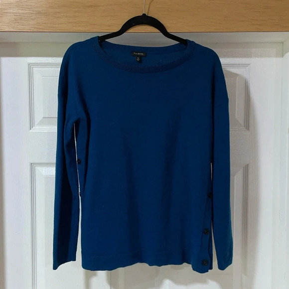 Talbots Women Sweater Knit Long Sleeve Side Button Lamb Wool Blend Blue Size XS - Picture 2 of 10